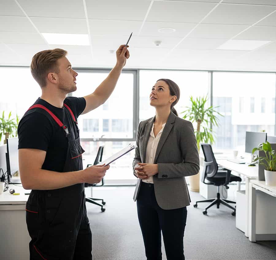 A builder and a commercial business professional discussing a construction project in an office, reviewing plans and pricing for a job.
